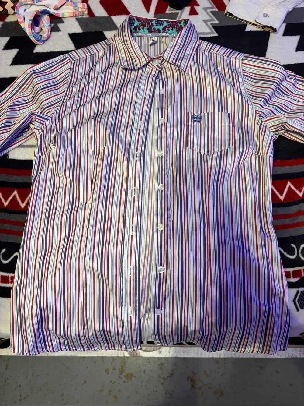 Cinch Multicolor Striped Button-Down Shirt - White, Red, Blue, Black - Picture 1 of 3